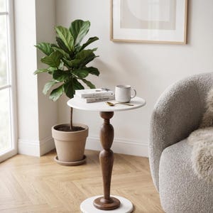 Handmade Wooden & Metal Pedestal Side Table – Sculptural Accent End Table, Modern Rustic Living Room Sofa Table, Luxury Minimal Home Decor

Add timeless elegance to your space with this handmade wooden and metal pedestal side table, designed as both a functional piece of furniture and a sculptural statement.

This unique accent table features a beautifully crafted solid wood tabletop paired with a durable metal pedestal base, creating the perfect balance of warmth and modern sophistication.