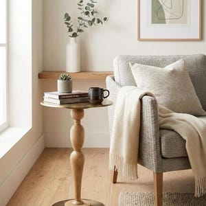Handmade Wooden & Metal Pedestal Side Table – Sculptural Accent End Table, Modern Rustic Living Room Sofa Table, Luxury Minimal Home Decor