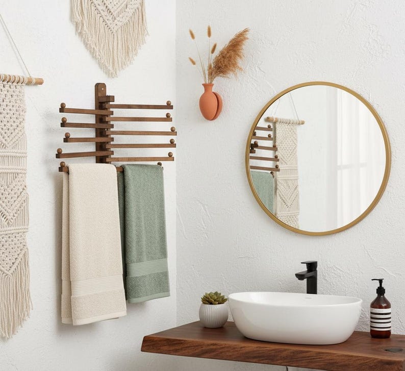 Handmade Rotating Wooden Coat Rack, Wall-Mounted Wood Hooks for Entryway, Kitchen, Bathroom, Space-Saving Hangers for Clothes, Towels, Bags