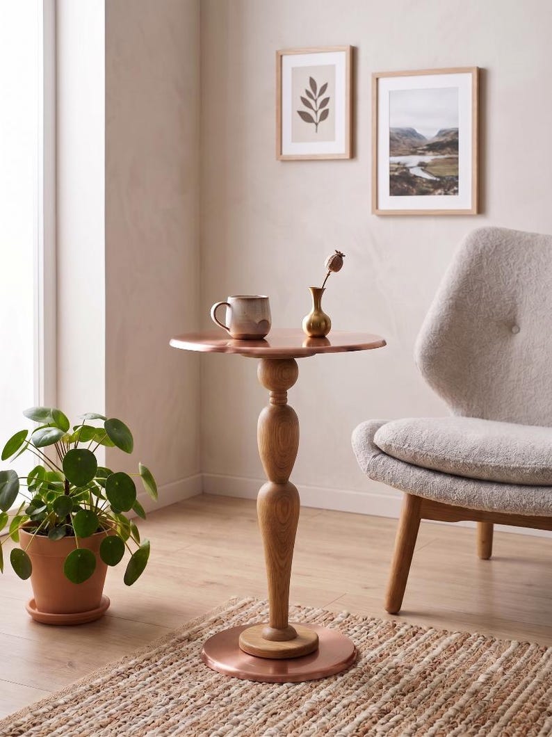 Handmade Wooden & Metal Pedestal Side Table – Sculptural Accent End Table, Modern Rustic Living Room Sofa Table, Luxury Minimal Home Decor

Add timeless elegance to your space with this handmade wooden and metal pedestal side table, designed as both a functional piece of furniture and a sculptural statement.

This unique accent table features a beautifully crafted solid wood tabletop paired with a durable metal pedestal base, creating the perfect balance of warmth and modern sophistication.