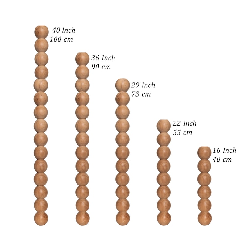 May include: Five wooden dowels of varying lengths, each made up of a string of wooden beads. The dowels are labeled with their length in inches and centimeters.  The dowels measure 16 inches (40 cm), 22 inches (55 cm), 29 inches (73 cm), 36 inches (90 cm), and 40 inches (100 cm).