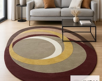 Hand Tufted Brown Wool Round Rug, Modern Abstract 70s Geometric Rug, Custom Size Living Room Decor