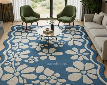 Irregular Shaped Mid Century Rug, Tufted Wool Area Blue Floral Wavy Rug, Minimalist Custom Size Home Decor Carpet,