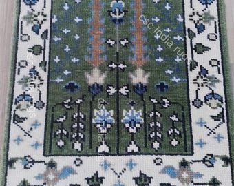 Hand Knotted Green Ivory Wool Rug,  Vintage Style Turkish Area Custom Carpet for Living Room