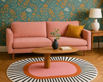 Tappeto ovale moderno rosa e arancione, trapuntato a mano, con motivo geometrico in stile metà secolo per il soggiorno.