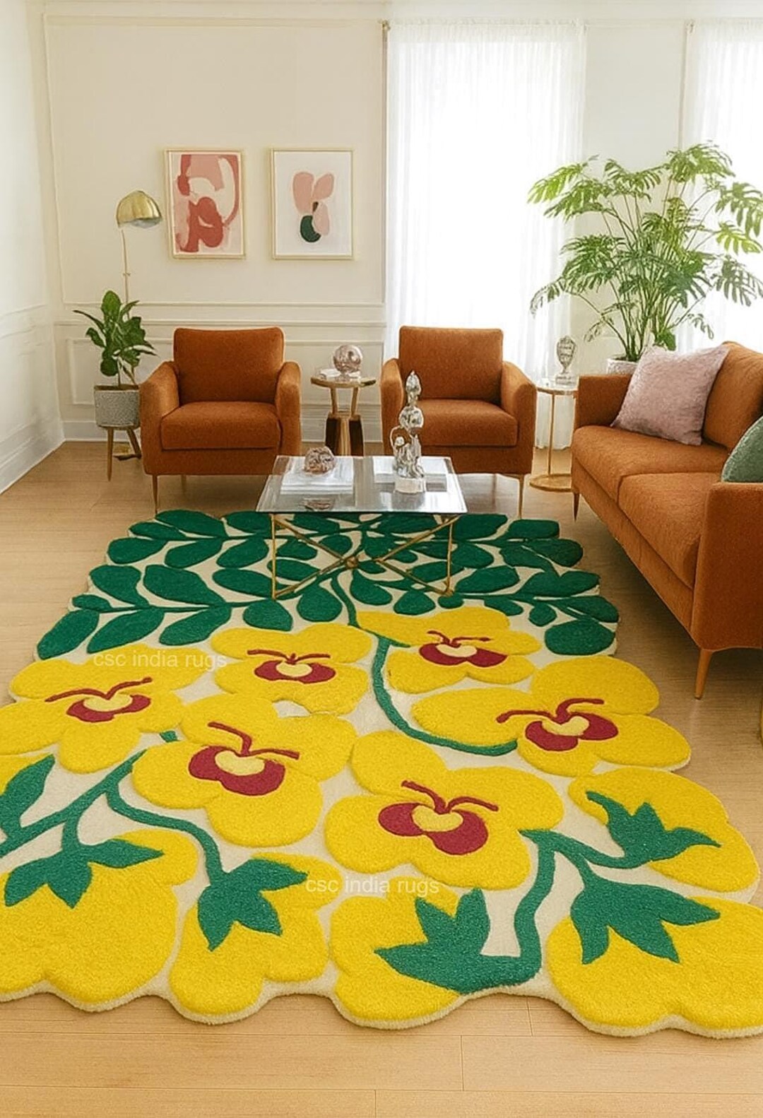 Floral Yellow Flower Art Deco Rug, Tufted Green Wool Large Area Rugs ...