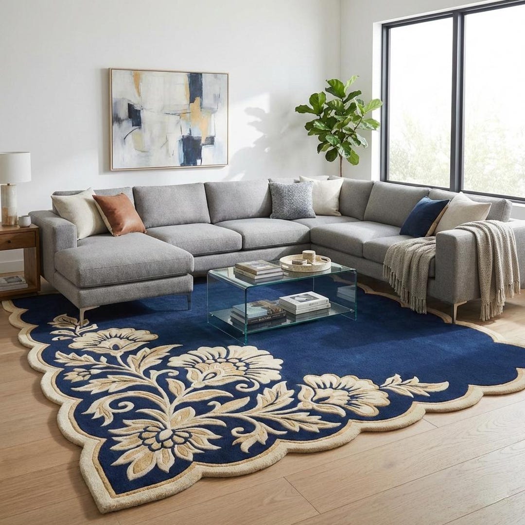 Hand Tufted Navy Blue Wool Rug, Large Floral Scalloped Area Rug, Modern ...