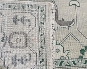 Hand Knotted Wool Oushak Rug 9x12,  Vintage Turkish Floral Beige Area Living Room Rug
