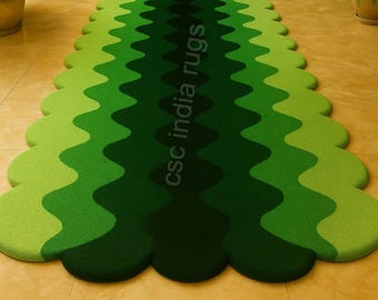 Hand Tufted Green Wool Entryway Runner Rug | Modern Wavy Irregular Shaped Hallway Runner rugs