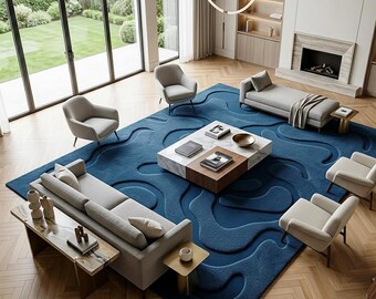 Luxury Deep Blue Hand Tufted Wool Rug - Modern 3D Textured Area Carpet - Abstract Wavy Carved Rugs for Living Room, Large Handmade 70s Rug