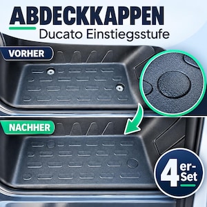 Könnte beinhalten: Schwarze Kunststoff-Abdeckkappen für die Ducato-Einstiegsstufe. Das Bild zeigt einen Vorher-Nachher-Vergleich der Stufenoberfläche, bei dem die Kappen über den Schraubenköpfen angebracht sind. Ein kreisförmiger Ausschnitt zeigt die Textur.