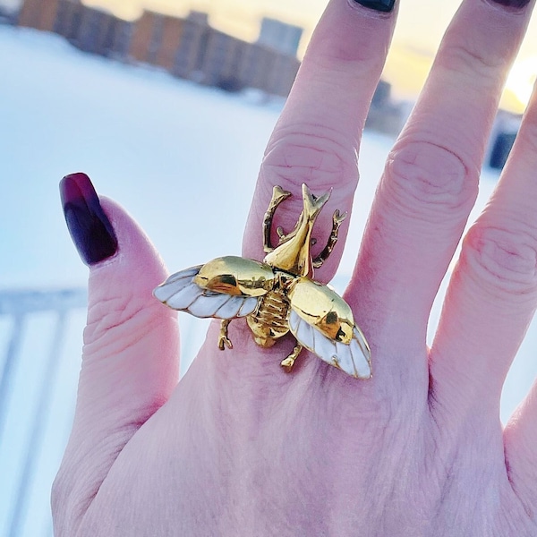 Flying Rhino Beetle Ring in Brass With White Enamel Wings. Adjustable Size.