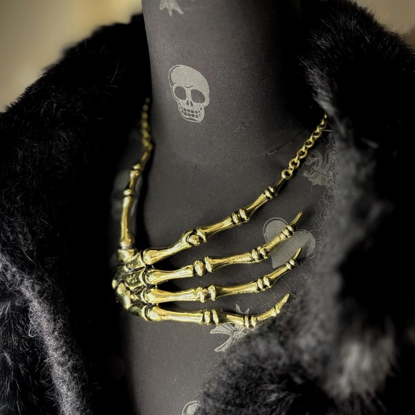 Skeleton Hand Necklace Bone Jewelry Available in 2 Colourways Gold and Silver.