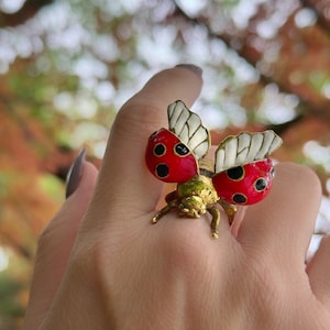 Könnte beinhalten: Ein goldener Ring mit einem roten und schwarzen Marienkäfer-Design. Der Marienkäfer hat weiße Flügel und schwarze Punkte. Der Ring wird an einem Finger getragen.