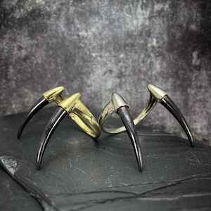 Puede incluir: Dos anillos en forma de garra, uno dorado y otro plateado, con detalles en esmalte negro. Los anillos se muestran sobre una superficie de pizarra negra.
