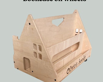 Personalized children's floor shelf for books house shaped on wheels/ mobile books stand/ kids book rack/ Bookcase natural wood unpainted