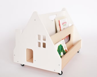 Étagère de sol en bois pour enfants pour livres en forme de maison sur roues/support de livres mobile/support de livres pour enfants/rangement de livres pour tout-petits/SkandiBober