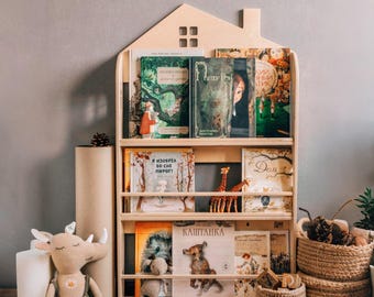 Regał Montessori: 3-poziomowy drewniany regał na książki dla dzieci w kształcie domku