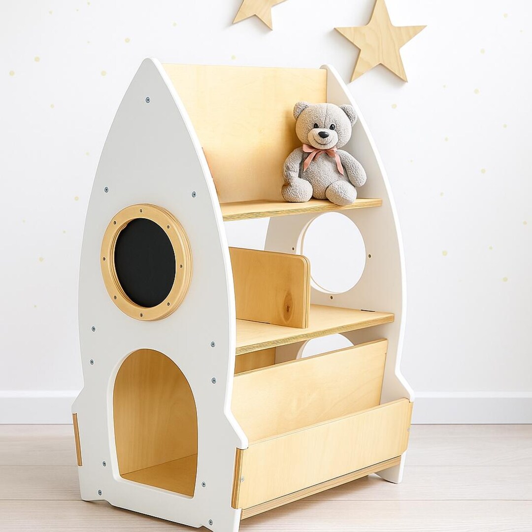 2-side Rocket Bookcase: Rolling Kids Rack, White With Wood - Etsy UK