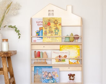 Mensola da parete in legno naturale per libri per bambini, a forma di casa, SkandiBober