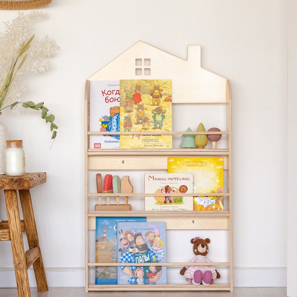 Étagère murale en bois naturel pour livres d'enfants, en forme de maison, SkandiBober