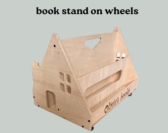 Personalized children's floor shelf for books house shaped on wheels/ mobile books stand/ kids book rack/ Bookcase natural wood unpainted