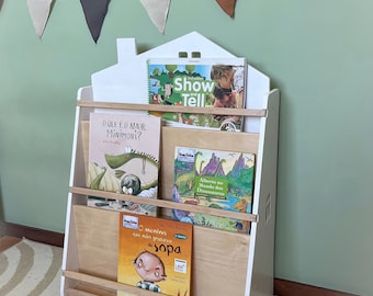 Scaffale da terra per bambini a forma di casetta per libri, libreria per bambini, scaffalature nella cameretta dei bambini, biblioteca per bambini, espositore per libri, colori bianco e legno