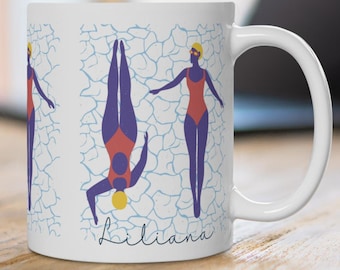Women's Swimmer Ceramic Mug - Mug with Name Gift Swimming Coach Personalized Mug Swimming Badge