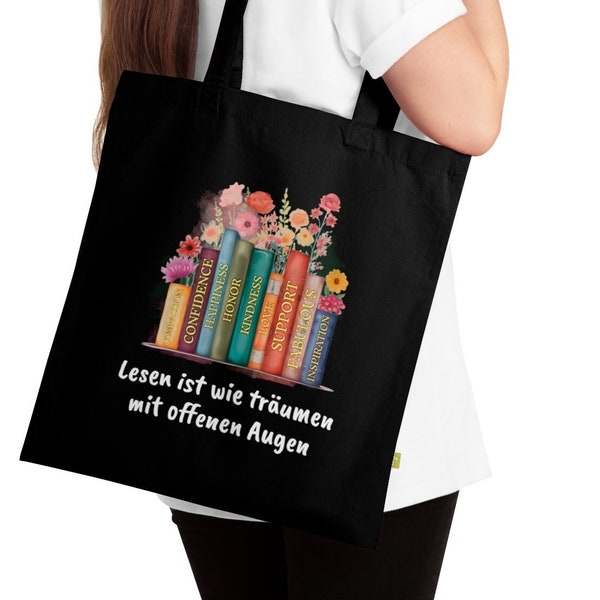 Tasche für Bücher personalisiert Bio Baumwolle, Stofftasche mit Namen, für Bücherfans und Leseratten, Schultasche, Geschenk für Bücherwürmer