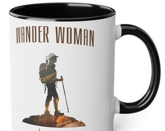 Taza de senderismo, regalo para excursionistas, taza de café para mujer senderista con nombre, taza de café personalizada, taza negra de senderismo de montañismo, bicolor