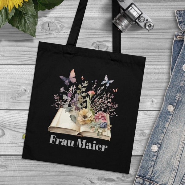 Bücher Tasche Bio Baumwolle hochwertige Einkaufstasche, personalisierte Tasche mit Namen, Lehrer Tasche Arbeitstasche Oma Geschenk