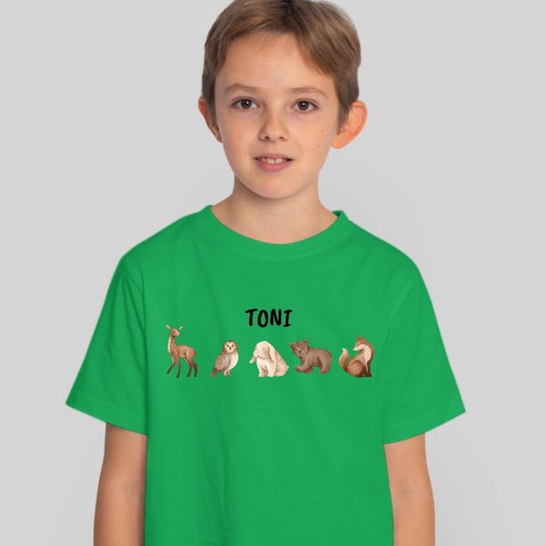 Kinder Waldtier T-Shirt Reh, Fuchs, Eule, Hase und Bär Shirt für Mädchen und Jungen mit Namen personalisierbar