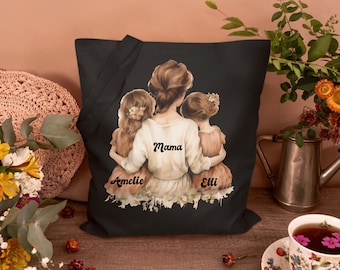 Mama Tasche  mit 2 Mädchen Bio Baumwolle Stofftasche Mutter mit 2 Kindern Mädchenmama personalisierte Tasche mit Namen