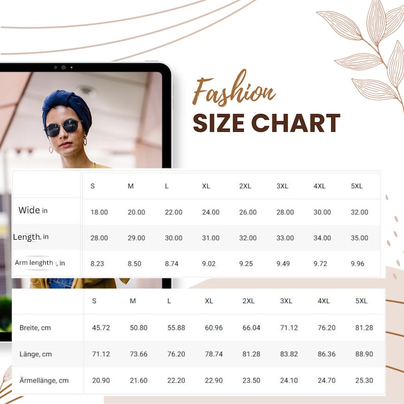 Puede incluir: Una tabla de tallas para ropa con medidas en pulgadas y cent&iacute;metros. La tabla incluye las tallas S, M, L, XL, 2XL, 3XL, 4XL y 5XL. Se proporcionan medidas para el ancho, la longitud, la longitud del brazo, el busto, la longitud y la longitud de la manga.