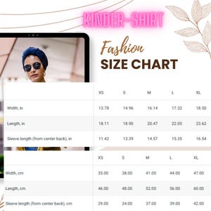 May include: Size chart for a children's shirt, showing measurements in inches and centimeters for different sizes: XS, S, M, L, and XL. The chart includes width, length, and sleeve length.