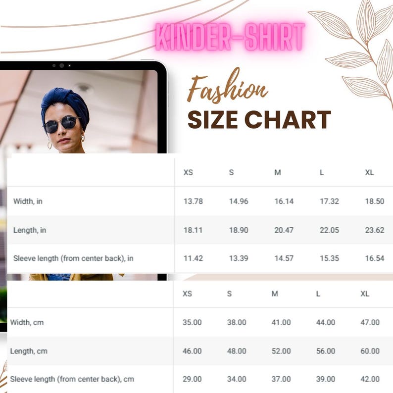 May include: Size chart for a children's shirt, showing measurements in inches and centimeters for different sizes: XS, S, M, L, and XL. The chart includes width, length, and sleeve length.