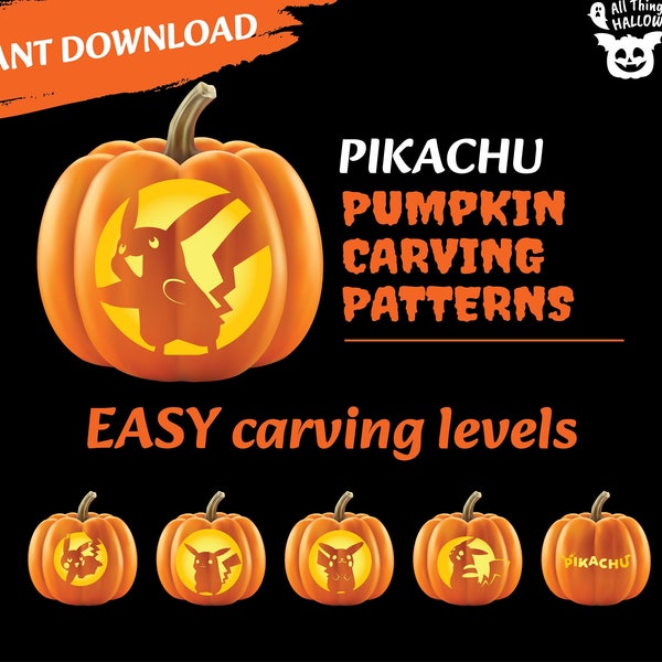 PIKACHU Pumpkin Carving Stencil Template Patterns - Instant Download DIY Pokemon Ideas For Kids, Adults and Pikachu Fans