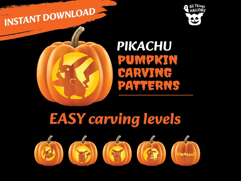 PIKACHU Pumpkin Carving Stencil Template Patterns Instant Download DIY Pokemon Ideas for Kids ...