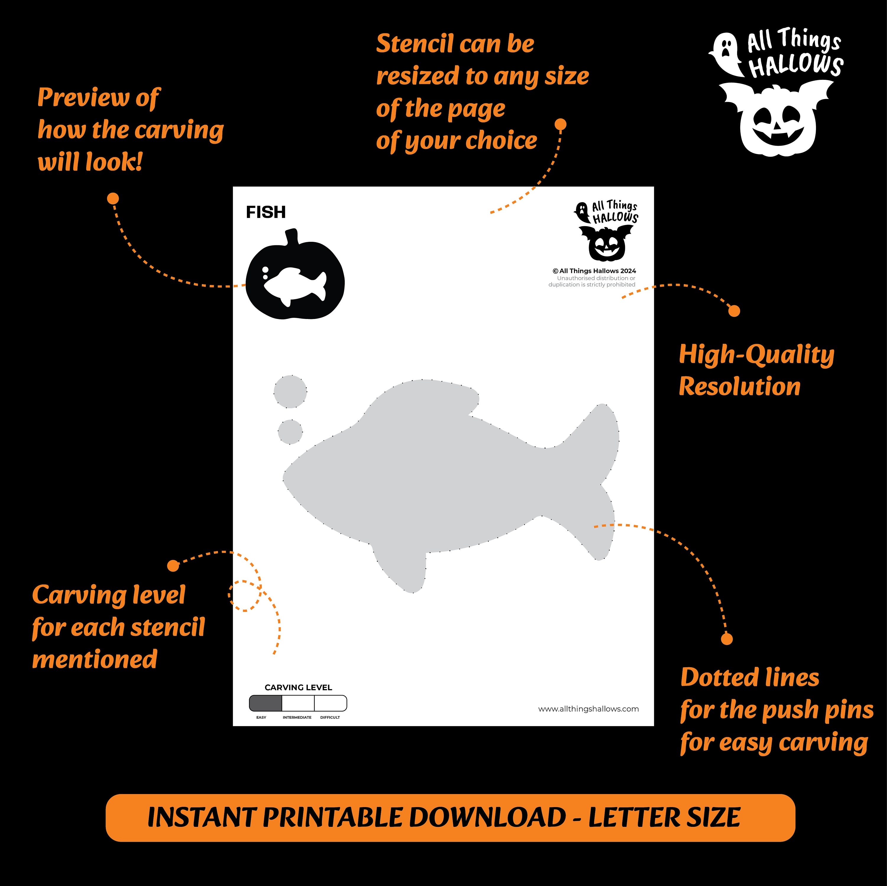 FISH Pumpkin Carving Stencil Template Patterns 3 Aquatic Themed Pumpkin