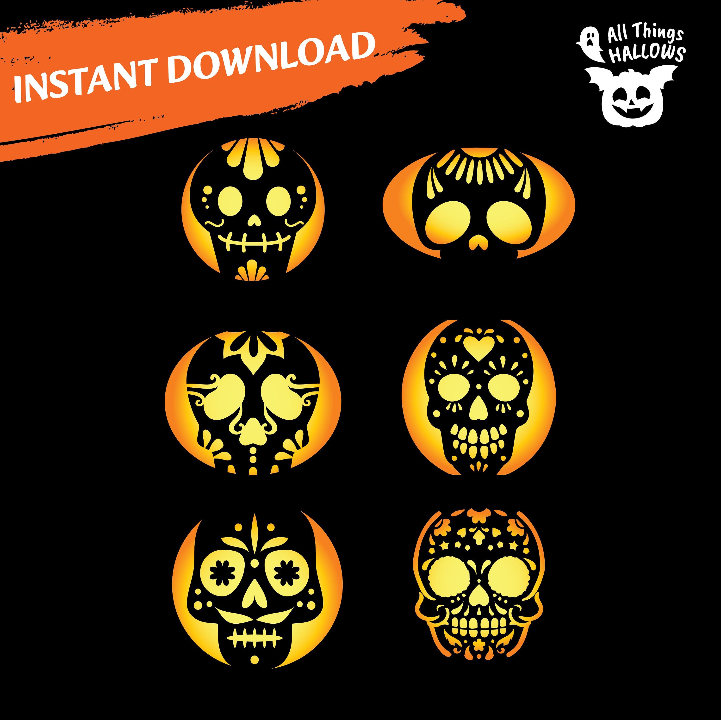 6 SUGAR SKULL Pumpkin Carving Stencil Template Halloween Jack O Lantern 6-sugar-skull-pumpkin-carving-stencil-template-halloween-jack-o-lantern