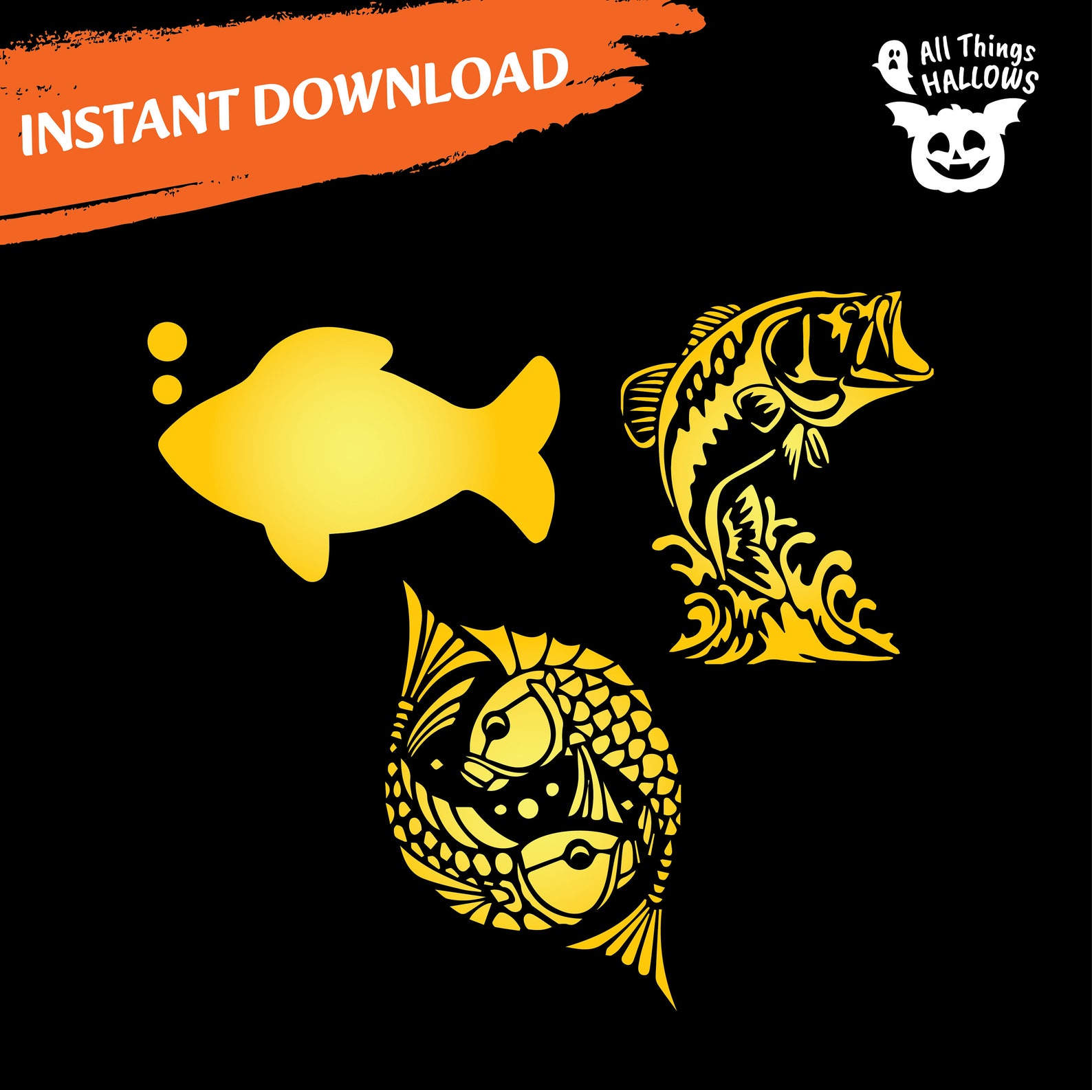FISH Pumpkin Carving Stencil Template Patterns 3 Aquatic Themed Pumpkin