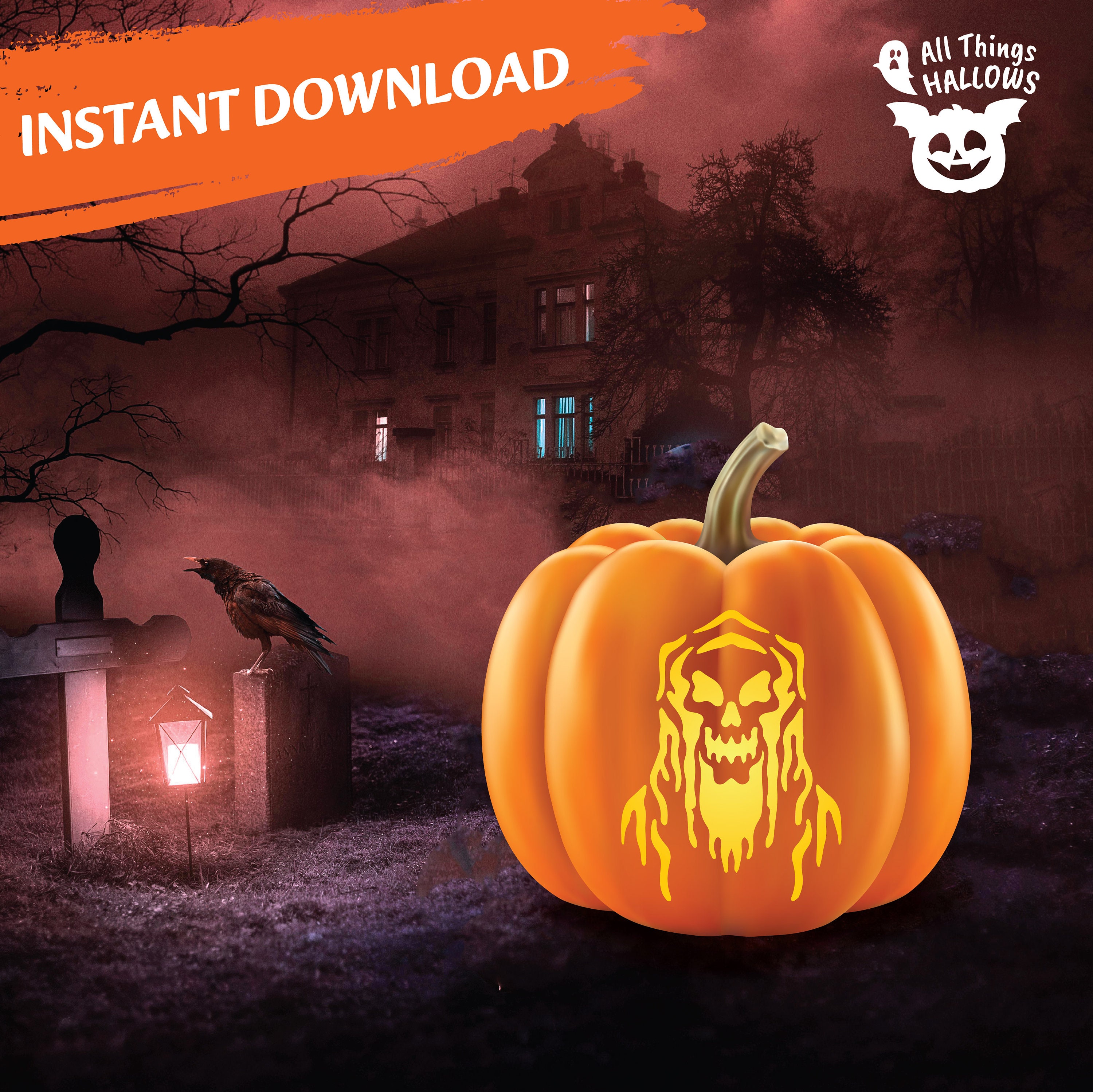 SPOOKY GRIM REAPER Pumpkin Carving Stencil Template Halloween Jack O