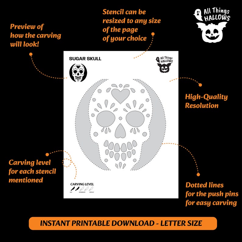 6 SUGAR SKULL Pumpkin Carving Stencil Template Halloween Jack O Lantern Pattern Instant Download ...