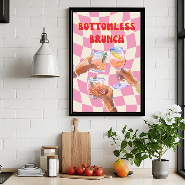 Bottomless Brunch Wall Art Print Retro Cocktail Print Vintage Kitchen Wall Decor Girl Apartment Decor Digital Download Funky Bar Cart Art