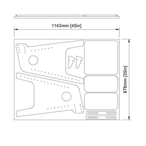 Puede incluir: Un dibujo en blanco y negro de un plan de proyecto de carpinter&iacute;a. El plan incluye dimensiones en mil&iacute;metros y pulgadas. El plan es para un mueble con un estante y dos patas.