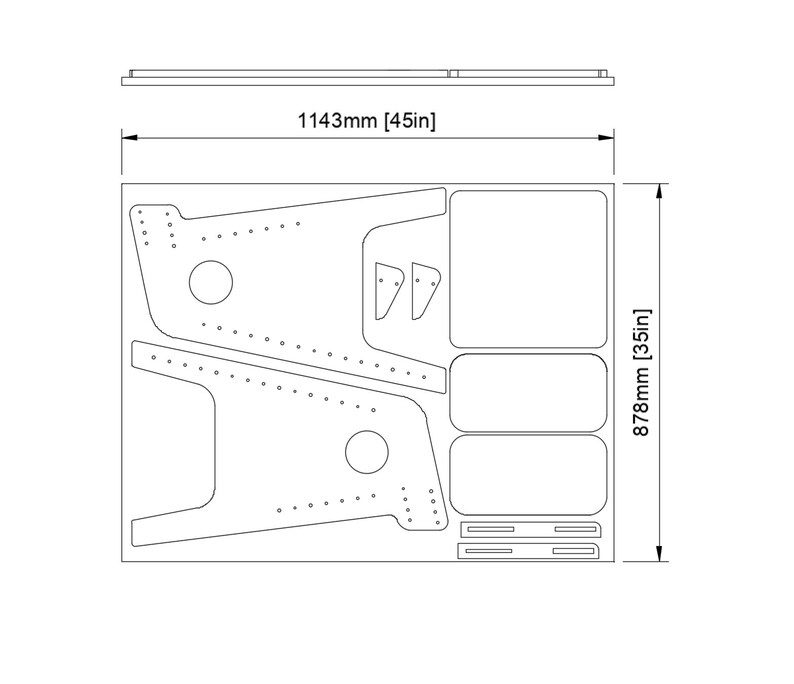 Puede incluir: Un dibujo en blanco y negro de un plan de proyecto de carpinter&iacute;a. El plan incluye dimensiones en mil&iacute;metros y pulgadas. El plan es para un mueble con un estante y dos patas.