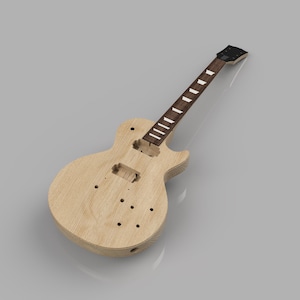 May include: A light-colored, unfinished electric guitar body with a brown neck and fretboard. The body has cutouts for pickups and controls, and the neck features white fret markers. The guitar is set against a gray background.