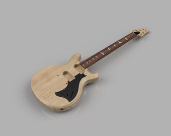May include: A light-colored, unfinished electric guitar body with a black pickguard. The neck is brown with bird-shaped inlays. The guitar is set against a gray background.