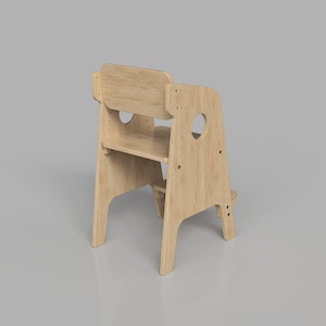 Puede incluir: Un taburete de madera con respaldo y estante. El taburete est&aacute; hecho de madera clara y tiene un dise&ntilde;o sencillo.