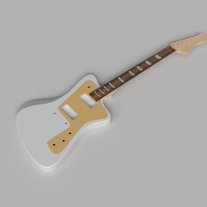 May include: White electric guitar body with a natural wood neck and a gold pickguard. The guitar is in a raw, unfinished state.